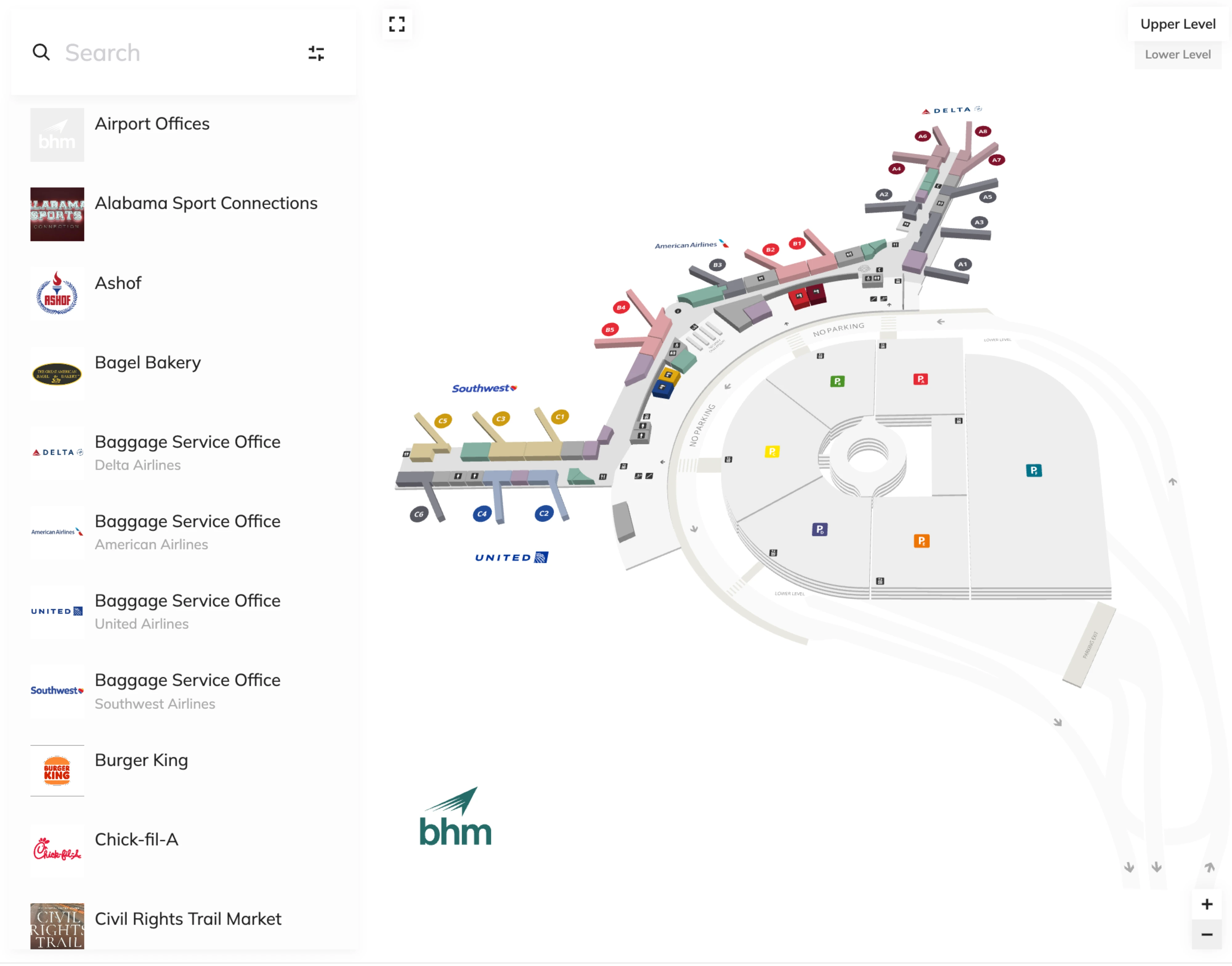 Birmingham-Shuttlesworth International Airport Upper Level Map 2026
