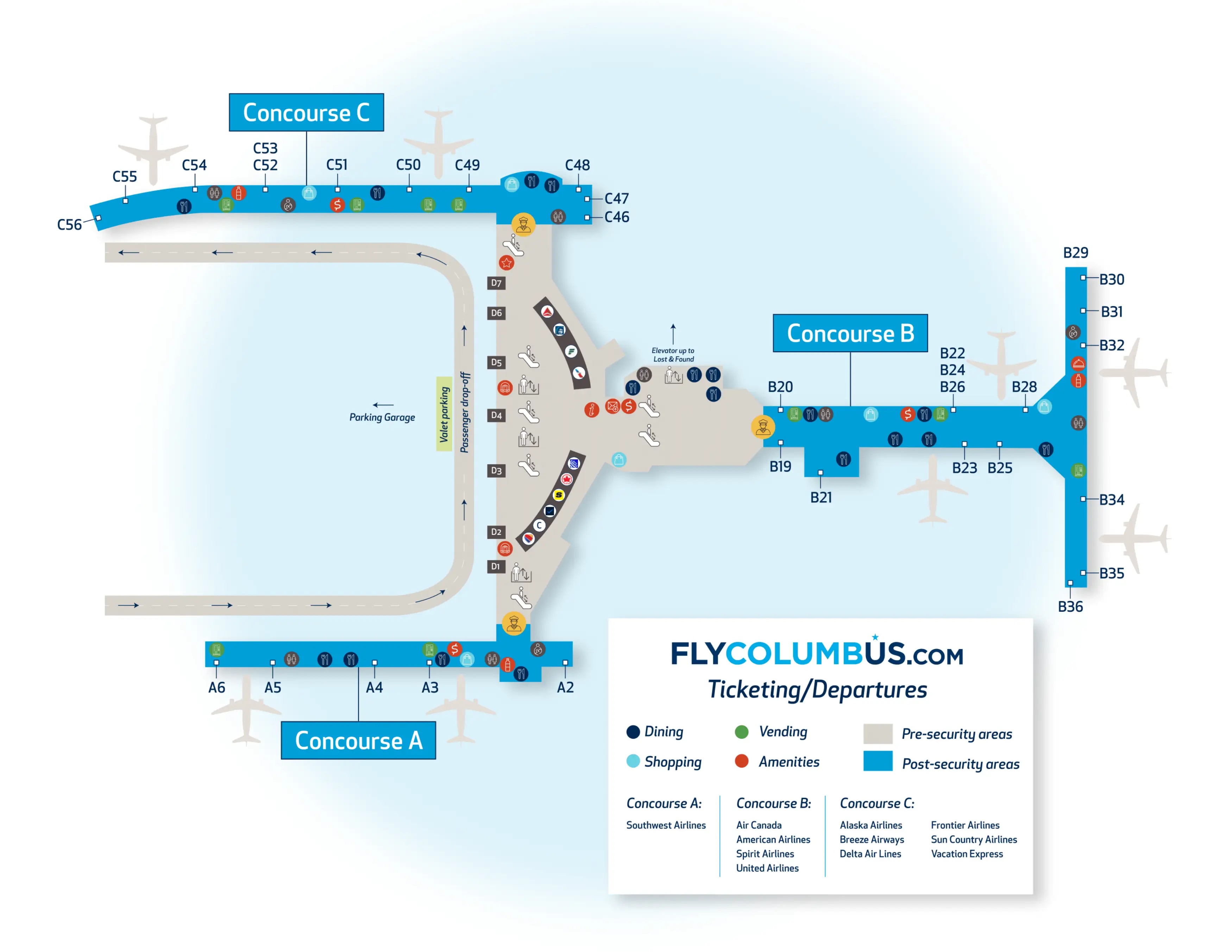 John Glenn Columbus International Airport Departures Map 2025