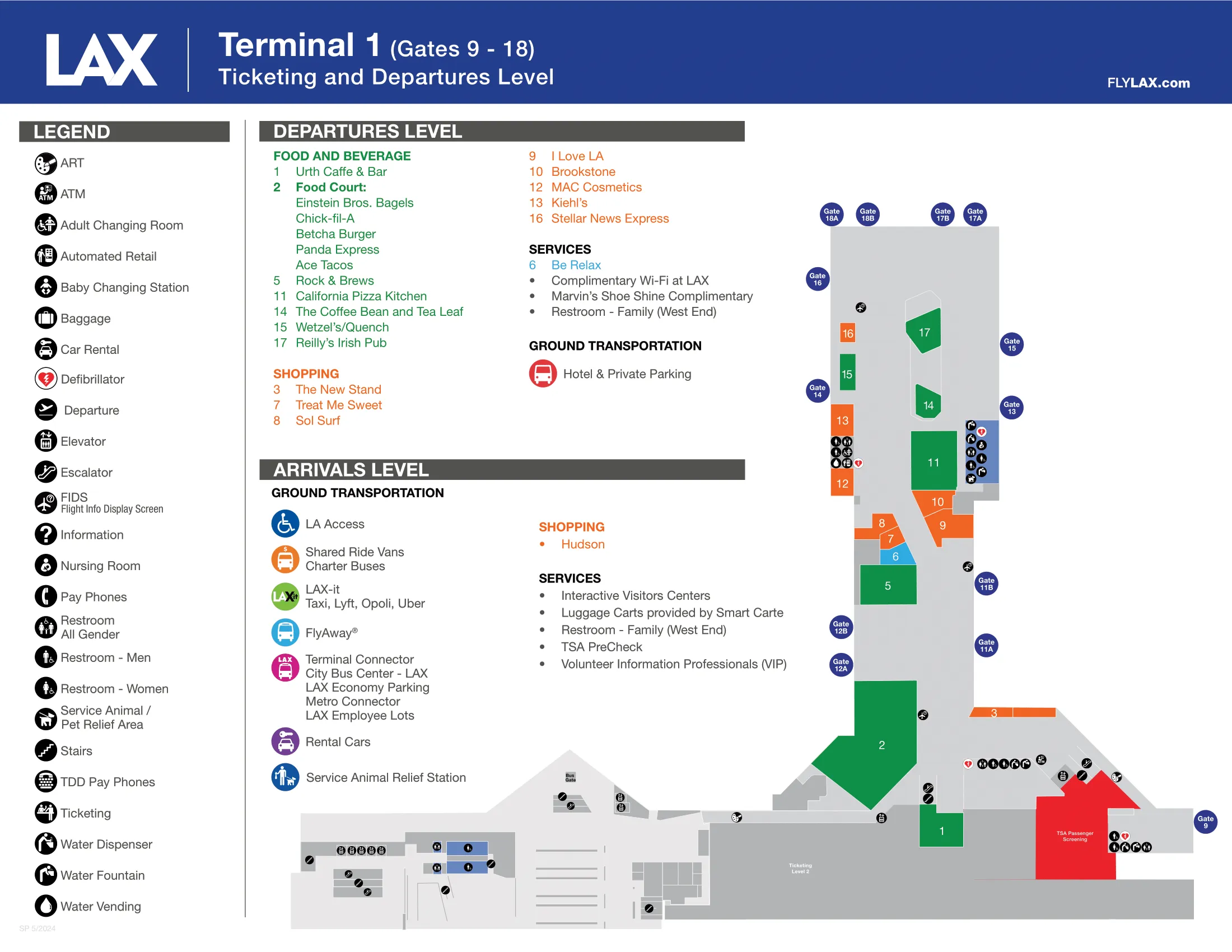 LAX Airport Terminal 1 (Gates 9 - 18B) Map 2024