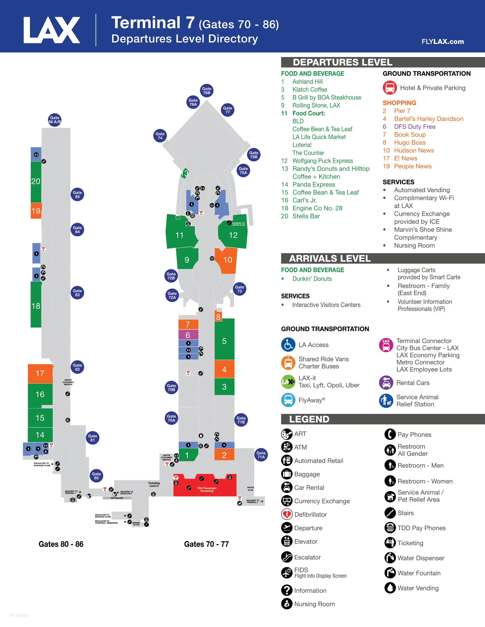 LAX Airport Terminal 7  (Gates 70-88) Map 2024