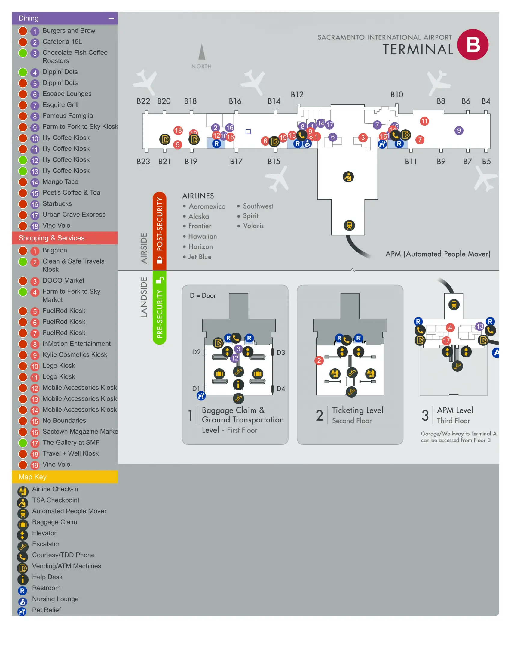 SMF Airport Terminal - Terminal B Map 2024
