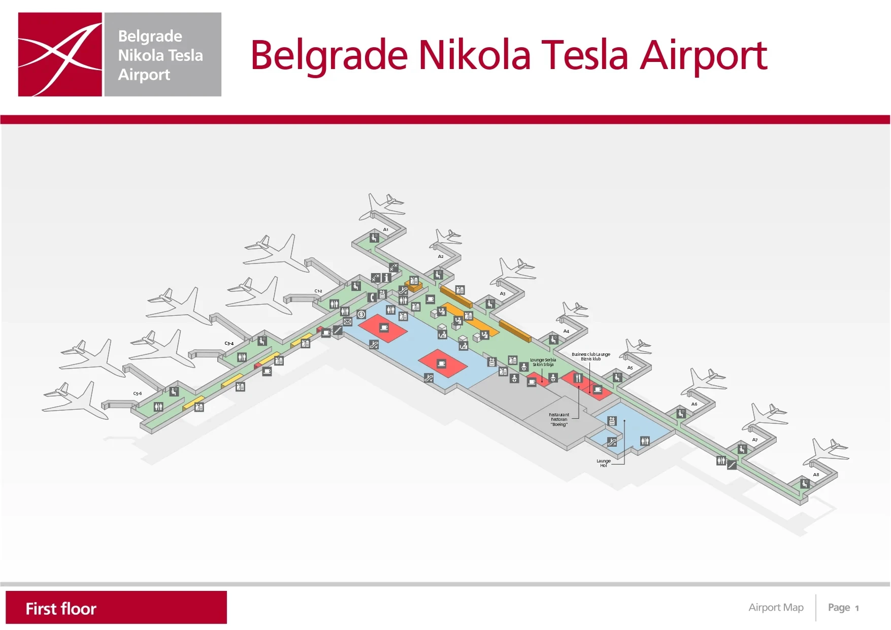 Belgrade Nikola Tesla Airport Terminal 1 First Floor Map 2024-2026