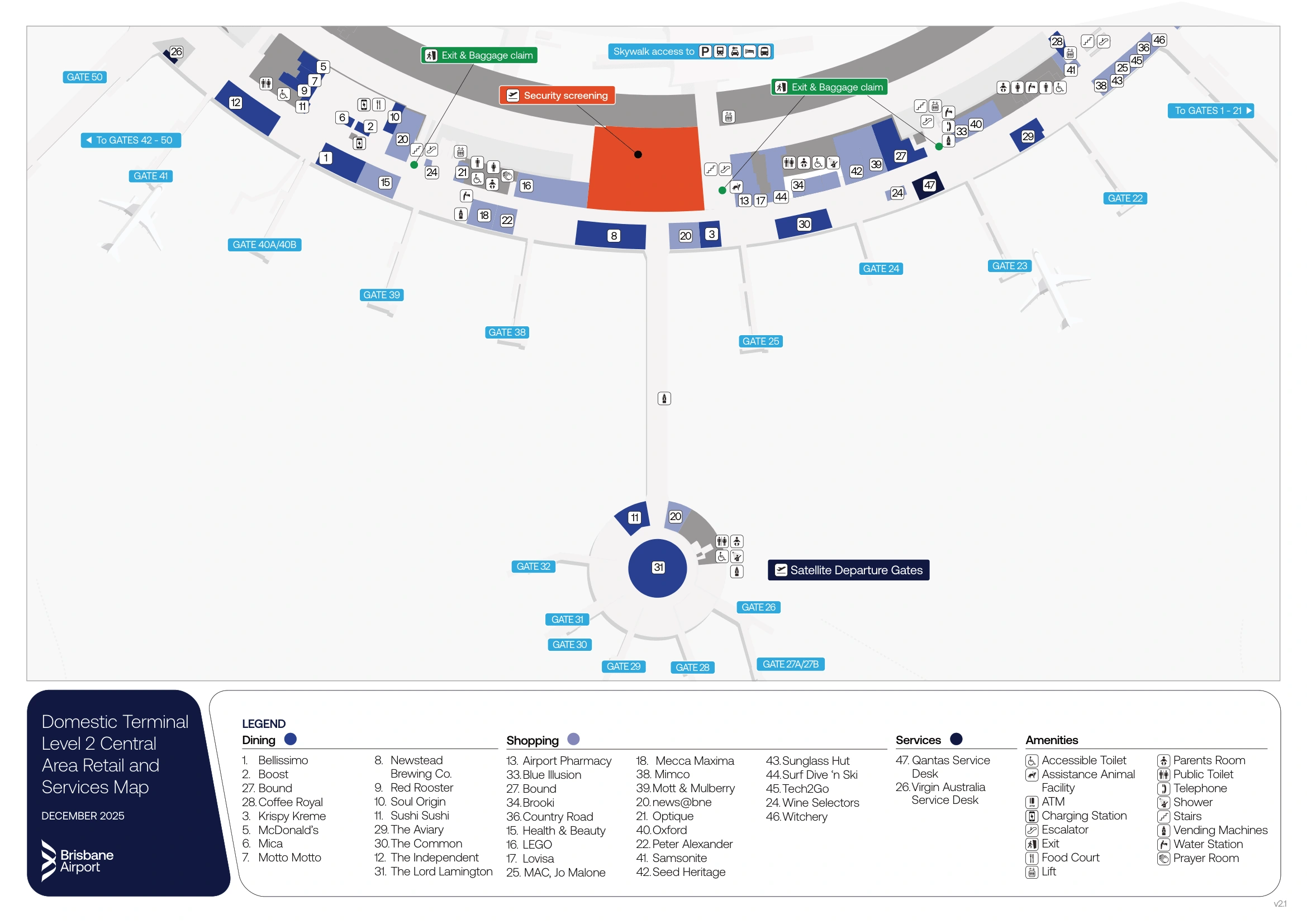 Brisbane International Airport Domestic Terminal Level 2 Central Map 2025-2026