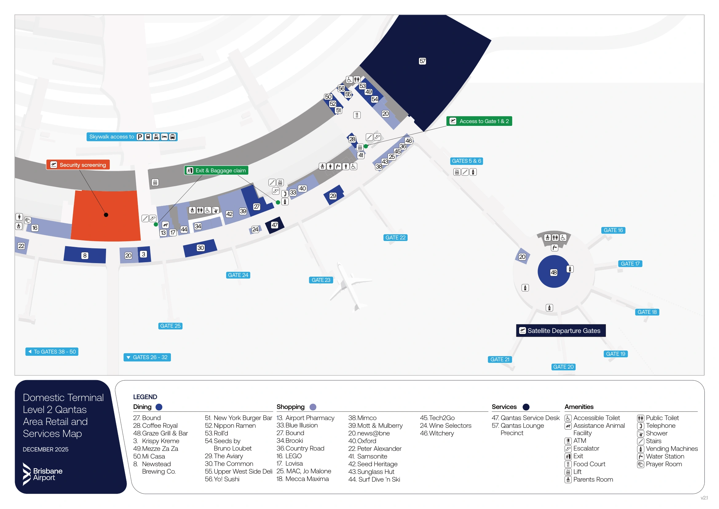 Brisbane International Airport Domestic Terminal Level 2 Qantas Map 2025-2026