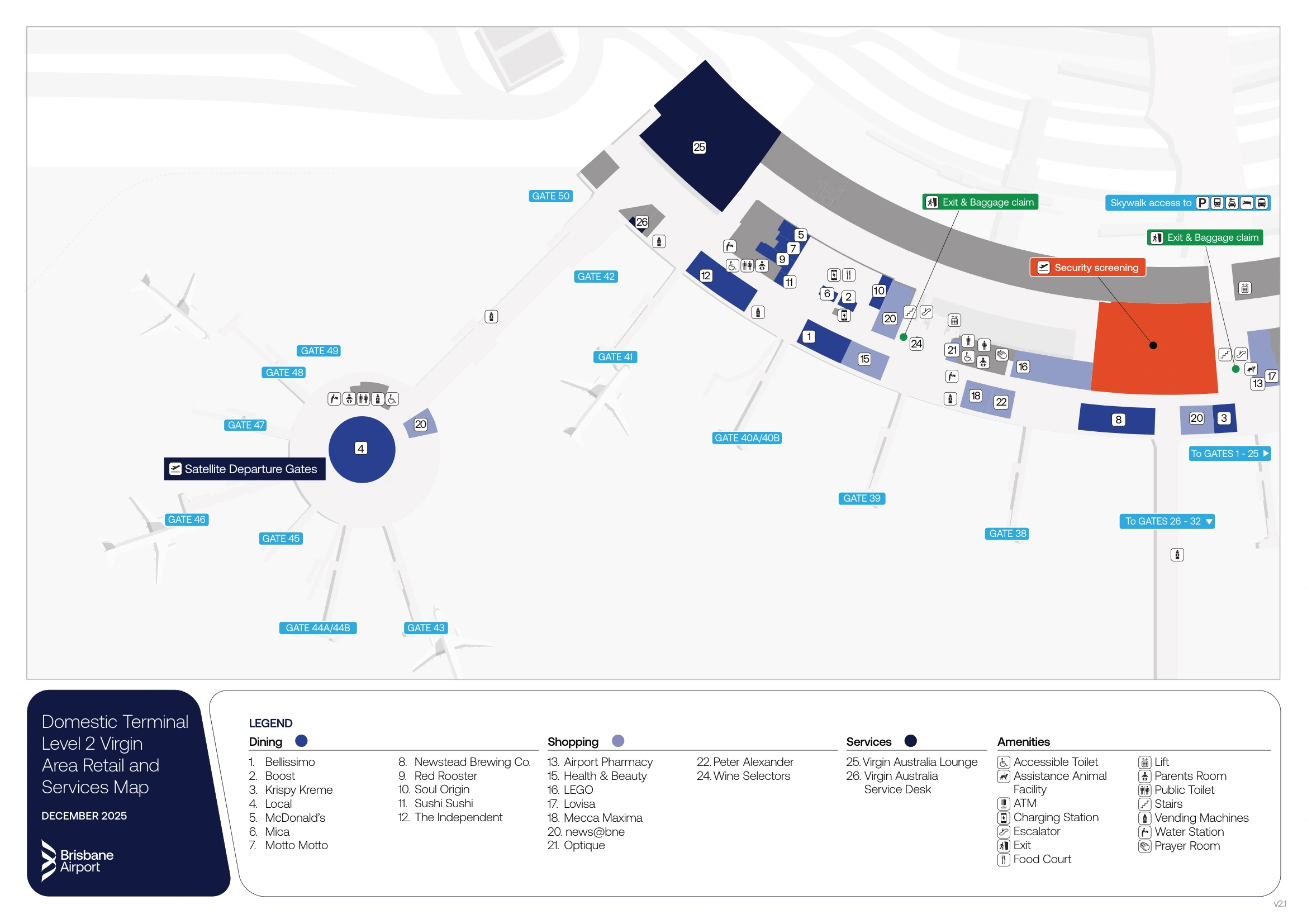 Brisbane International Airport Domestic Terminal Level 2 Virgin Map 2025-2026