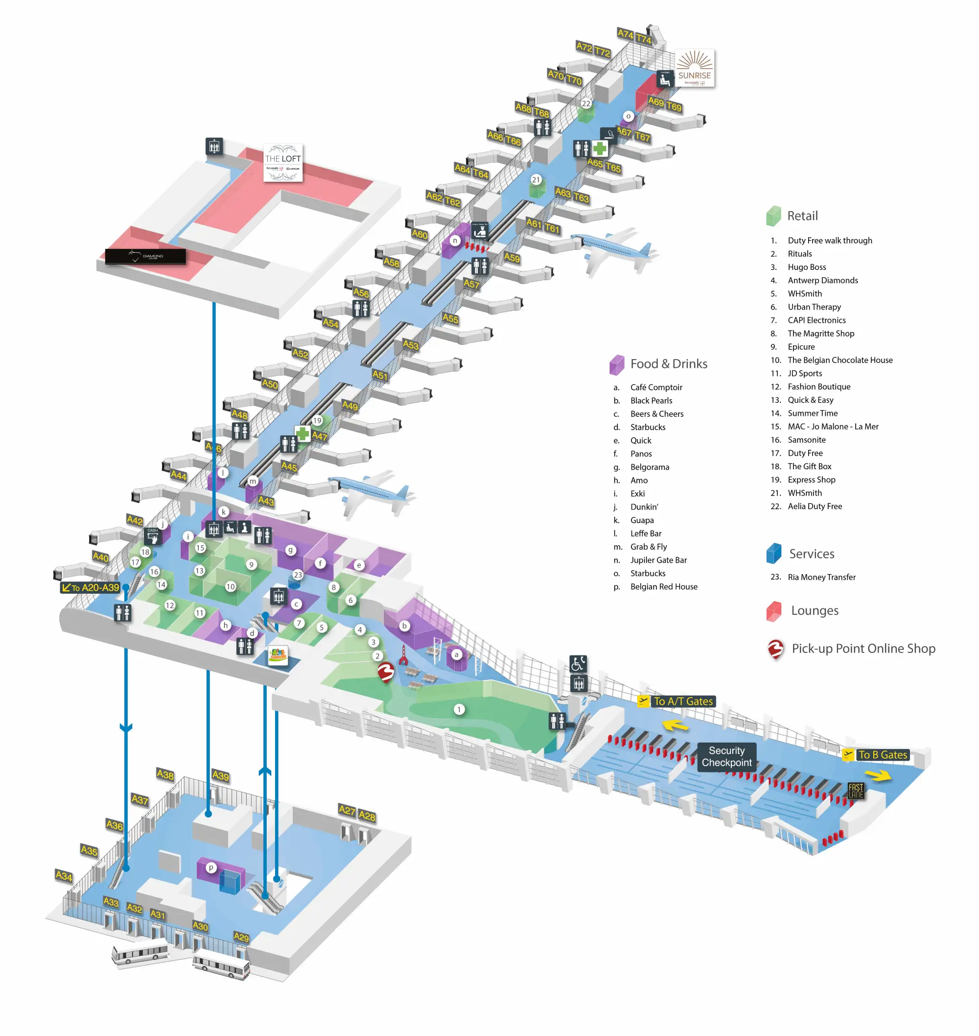 Brussels Airport Shop and Dine Gates AT Map 2025