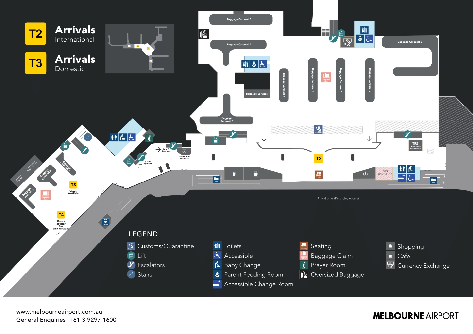 Melbourne Airport Terminal 2 & 3 Domestic and International Arrivals Map 2025