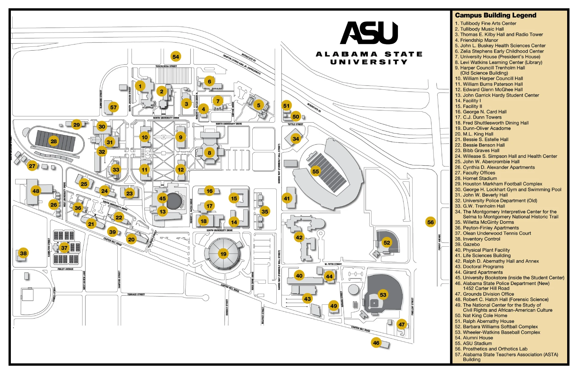 Alabama State University Campus Map 2025 showing labeled academic, residential, and athletic areas with main roads and landmarks.