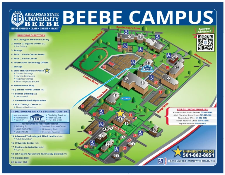 Arkansas State University Beebe Campus Map 2025 showing labeled academic, residential, and athletic areas with main roads and landmarks.