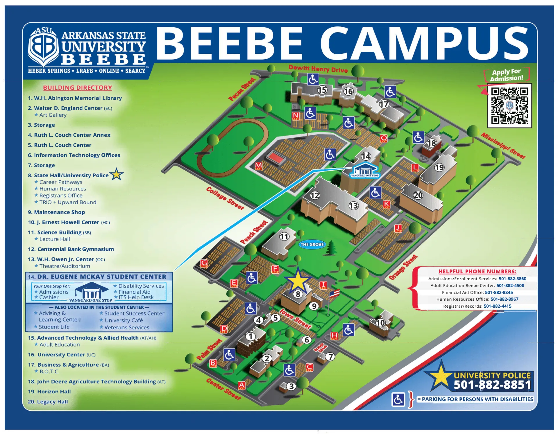 Arkansas State University Beebe Campus Map 2025 showing labeled academic, residential, and athletic areas with main roads and landmarks.