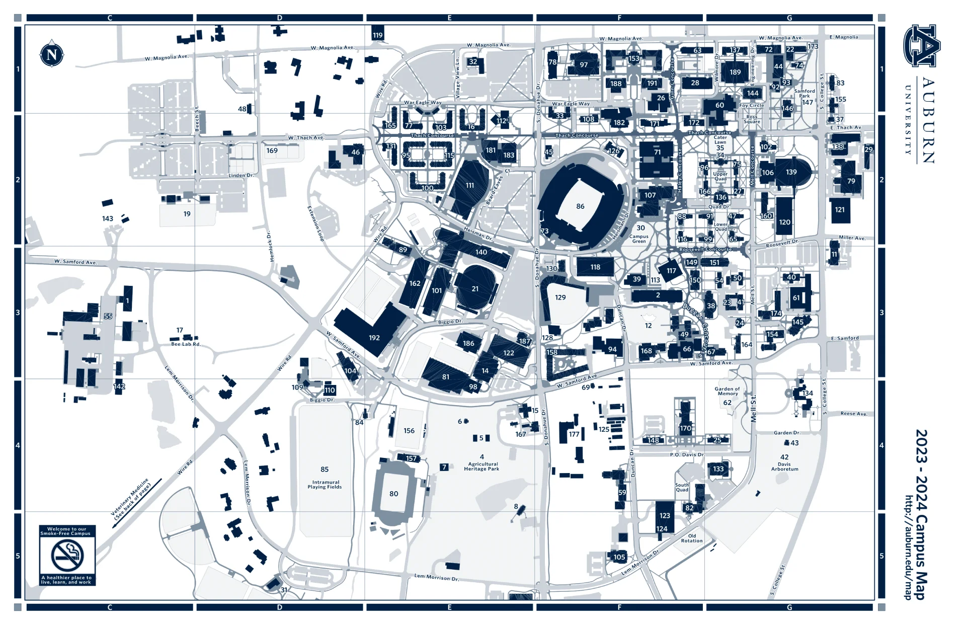 Auburn University Campus Map 2024 showing labeled academic, residential, and athletic areas with main roads and landmarks.