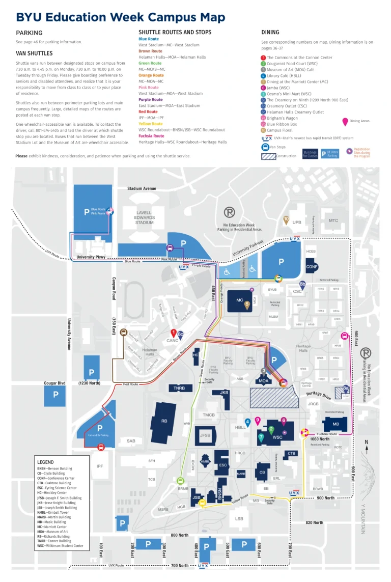 Brigham Young University Campus Map 2025 showing labeled academic, residential, and athletic areas with main roads and landmarks.