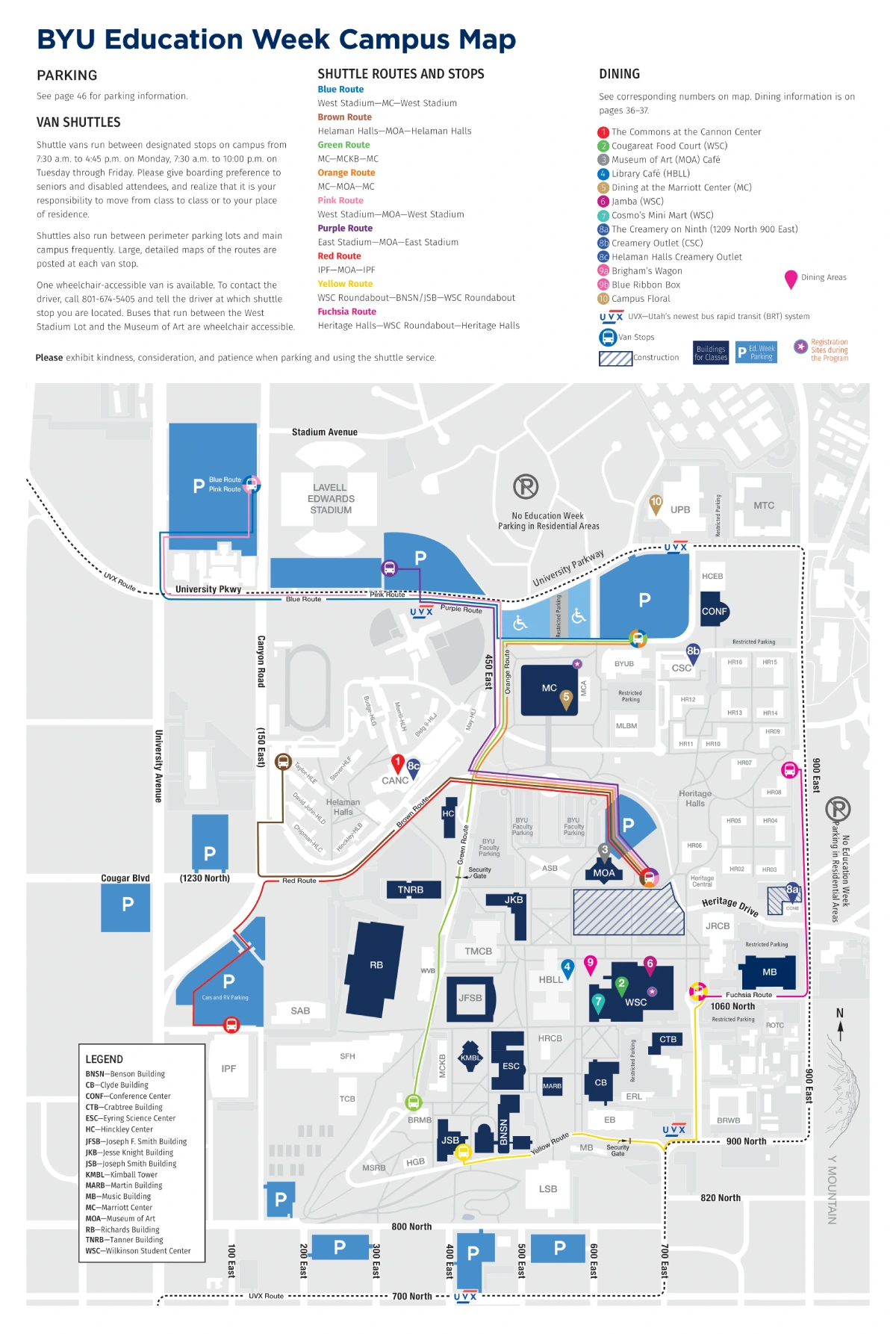 Brigham Young University Campus Map 2025 showing labeled academic, residential, and athletic areas with main roads and landmarks.