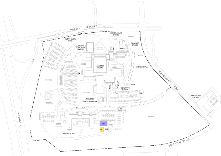California Institute of the Arts Campus Map 2025 showing labeled academic, residential, and athletic areas with main roads and landmarks.