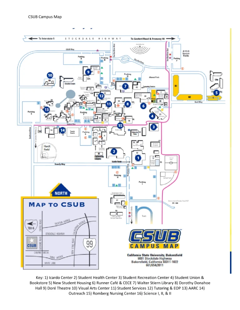 California State University, Bakersfield Campus Map 2025 showing labeled academic, residential, and athletic areas with main roads and landmarks.