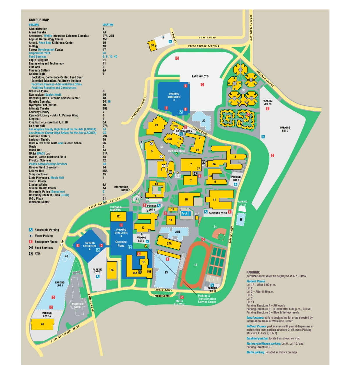California State University Los Angeles Campus Map 2025 showing labeled academic, residential, and athletic areas with main roads and landmarks.
