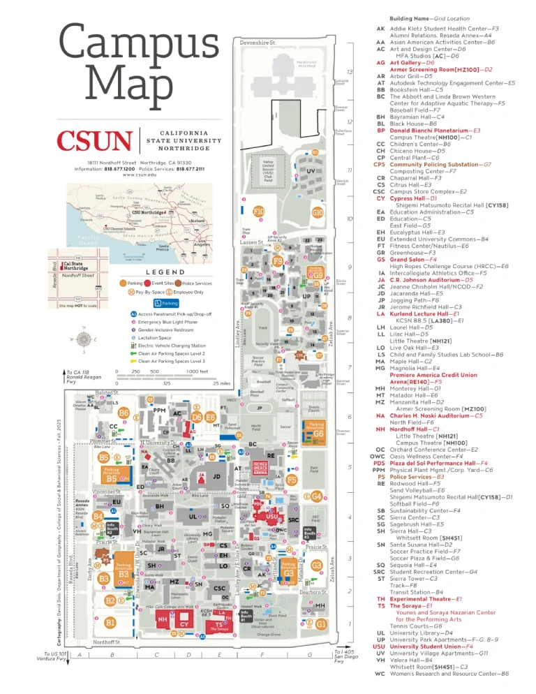 California State University Northridge Campus Map 2025 showing labeled academic, residential, and athletic areas with main roads and landmarks.