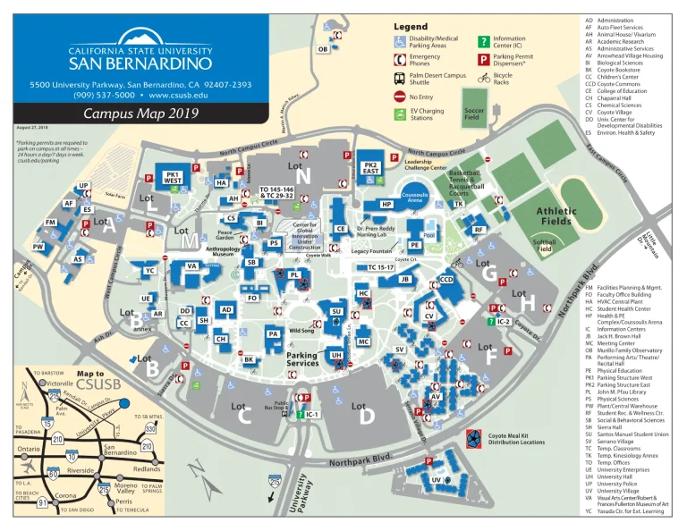 California State University San Bernardino Campus Map 2019 showing labeled academic, residential, and athletic areas with main roads and landmarks.