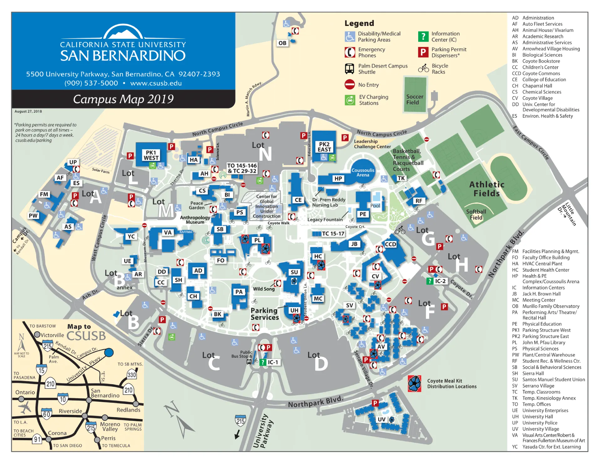 California State University San Bernardino Campus Map 2019 showing labeled academic, residential, and athletic areas with main roads and landmarks.
