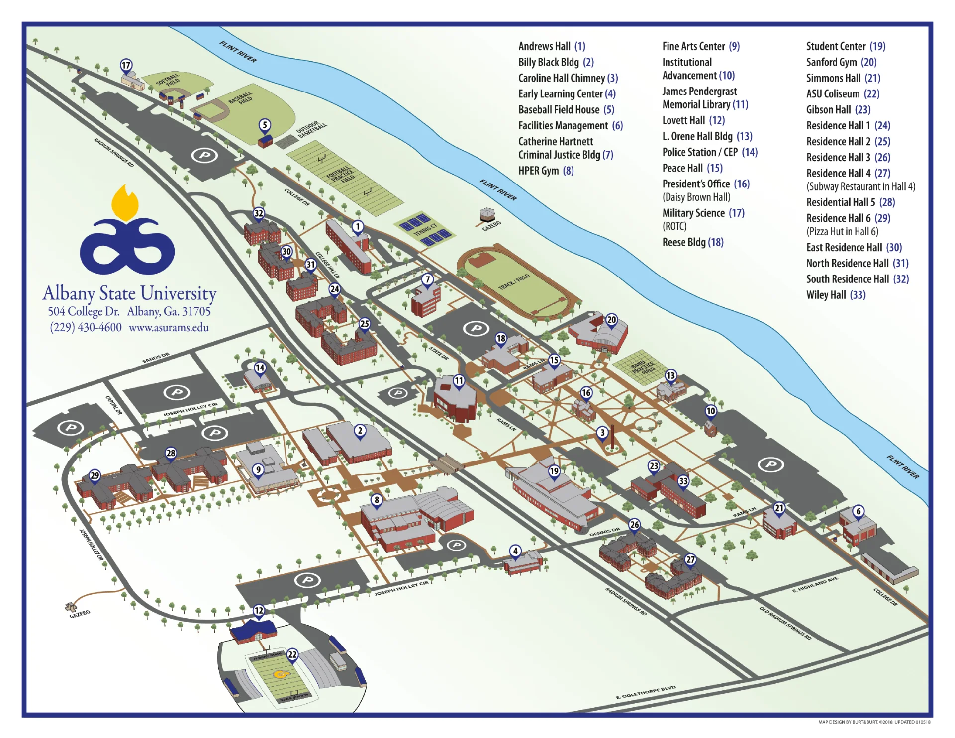 Albany State University Campus Map 2025 showing labeled academic, residential, and athletic areas with main roads and landmarks.