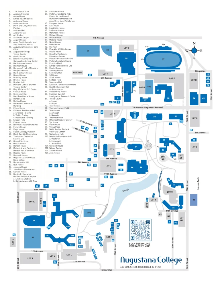 Augustana College Campus Map 2025 showing labeled academic, residential, and athletic areas with main roads and landmarks.