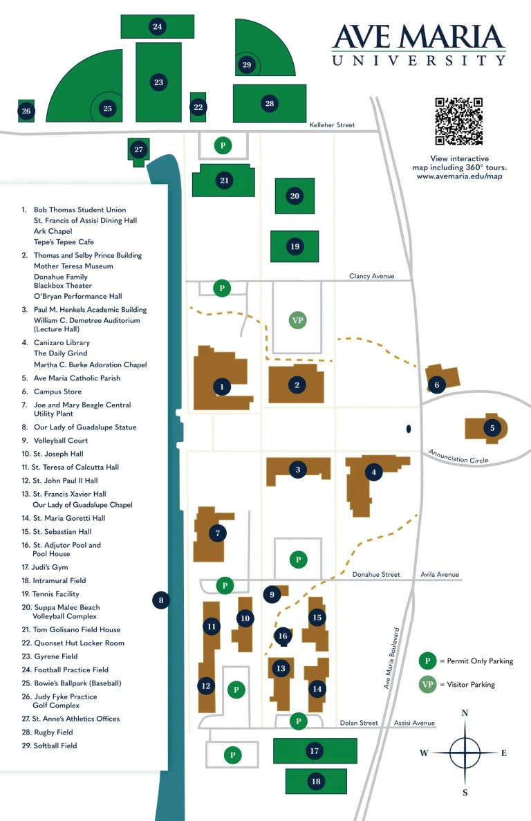 Ave Maria University Campus Map 2025 showing labeled academic, residential, and athletic areas with main roads and landmarks.