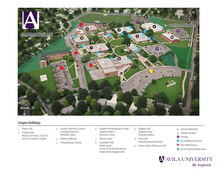 Avila University Campus Map 2025 showing labeled academic, residential, and athletic areas with main roads and landmarks.