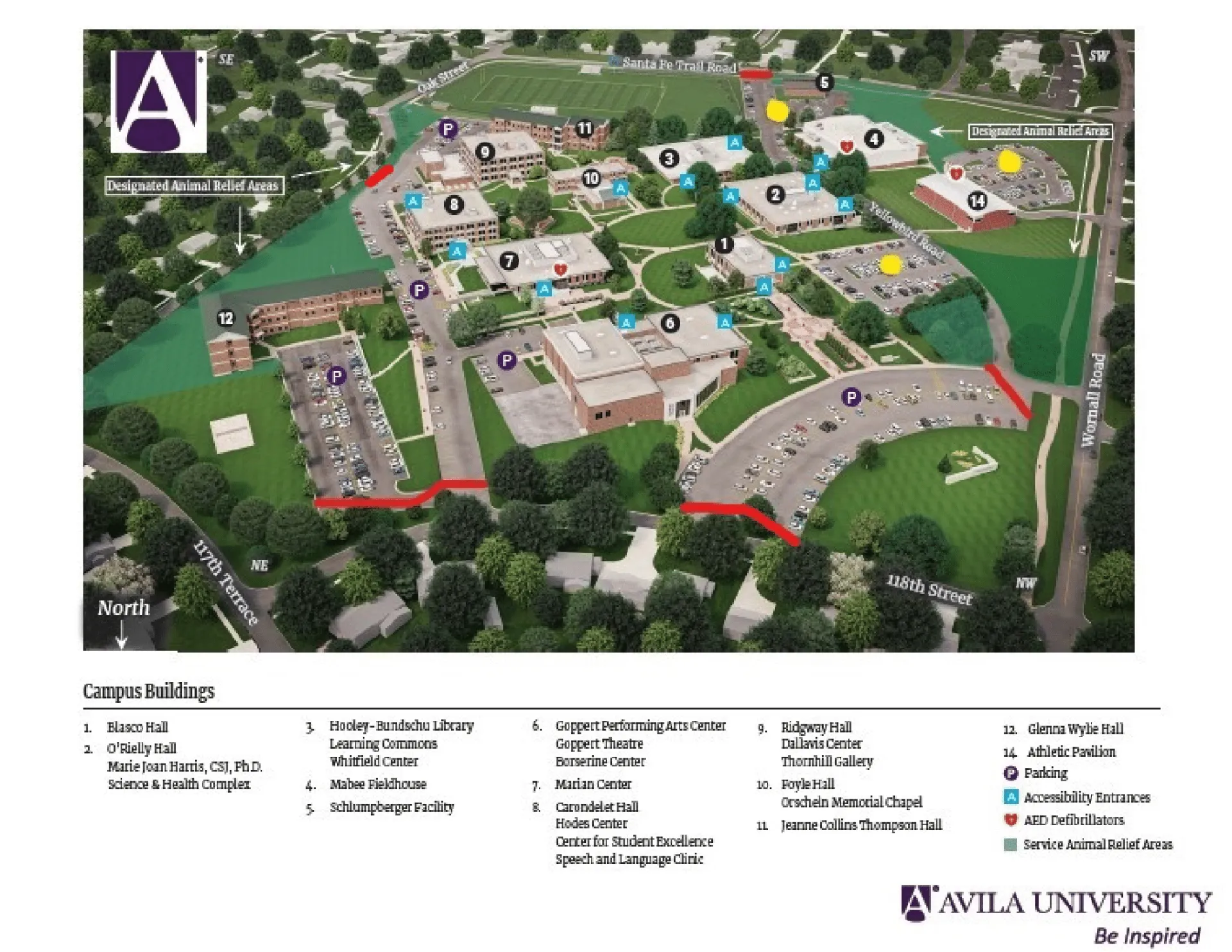 Avila University Parking Map 2025 showing labeled visitor and permit lots with main entry routes.