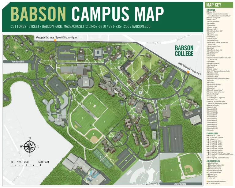 Babson College Campus Map 2025 showing labeled academic, residential, and athletic areas with main roads and landmarks.