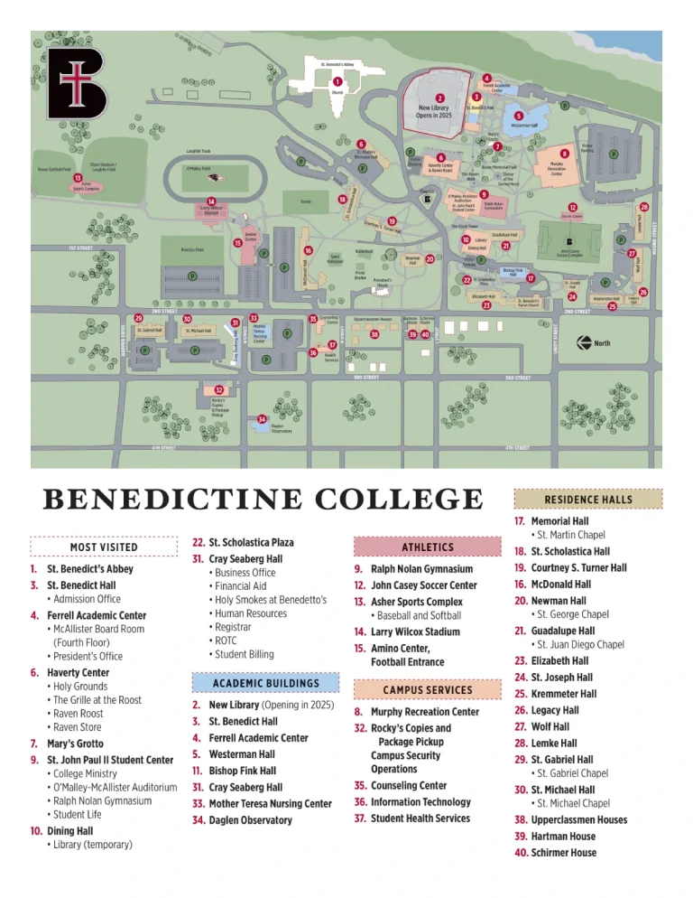 Benedictine College Campus Map 2025 showing labeled academic, residential, and athletic areas with main roads and landmarks.