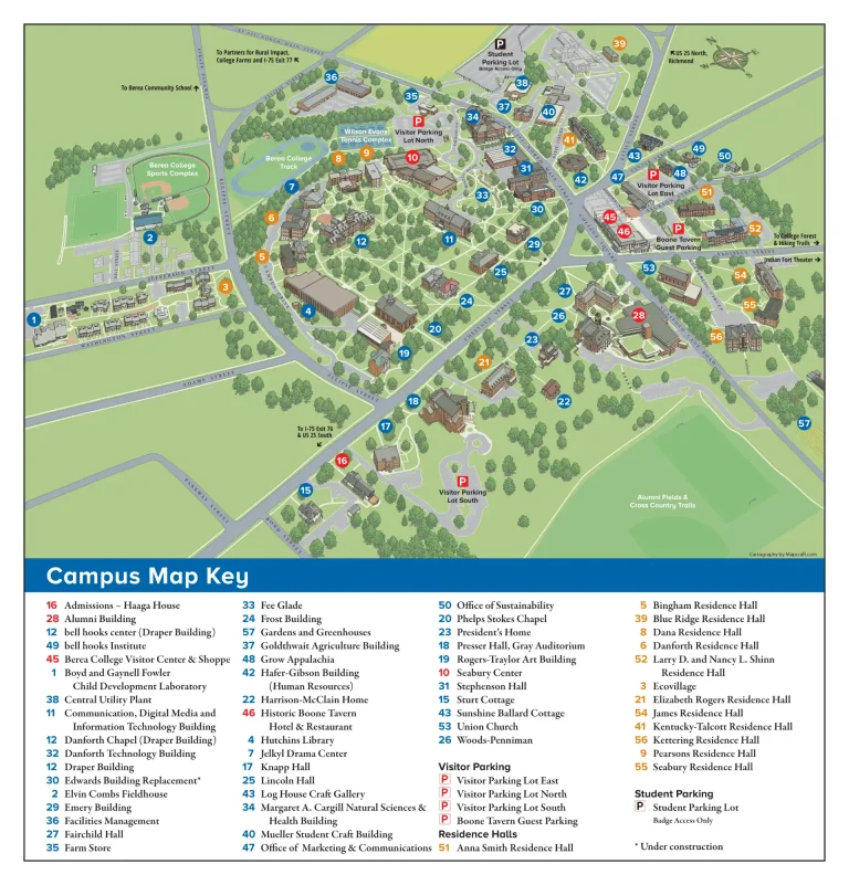 Berea College Campus Map 2024 showing labeled academic, residential, and athletic areas with main roads and landmarks.