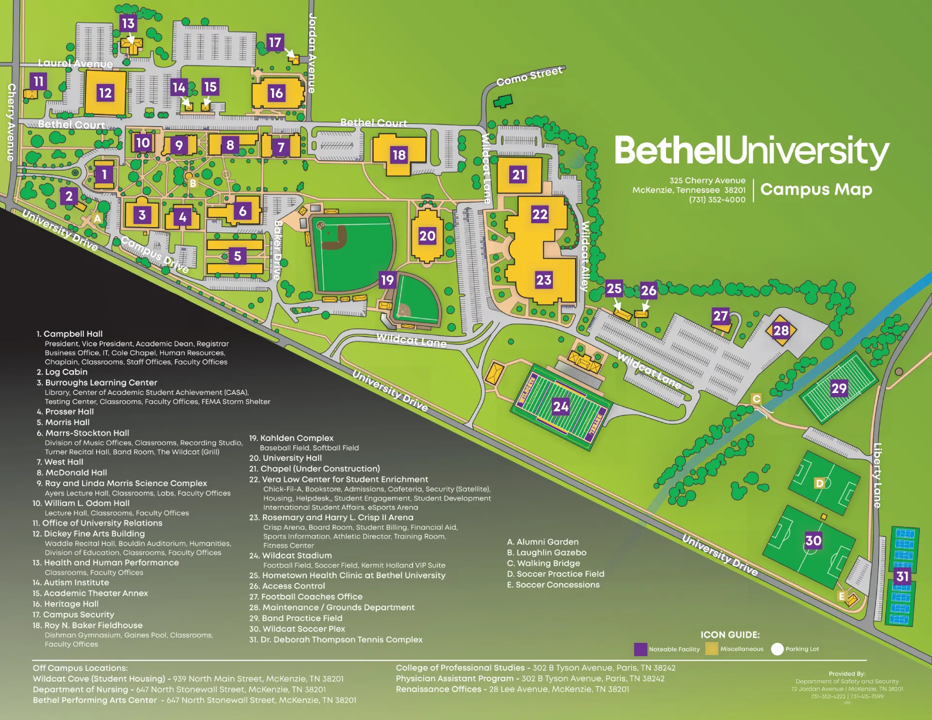 Bethel University Campus Map 2025 showing labeled academic, residential, and athletic areas with main roads and landmarks.