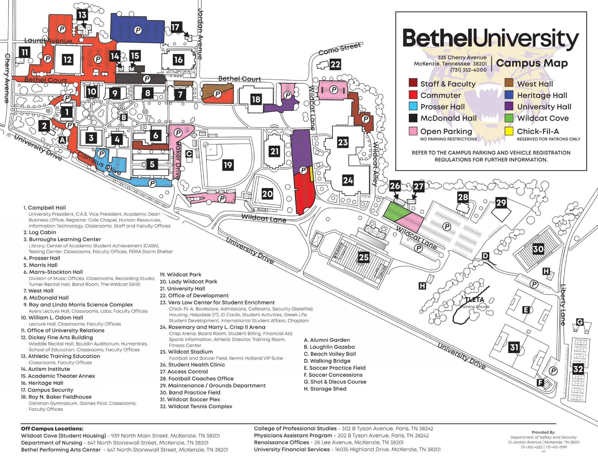 Bethel University Parking Map 2025 showing labeled visitor and permit lots with main entry routes.
