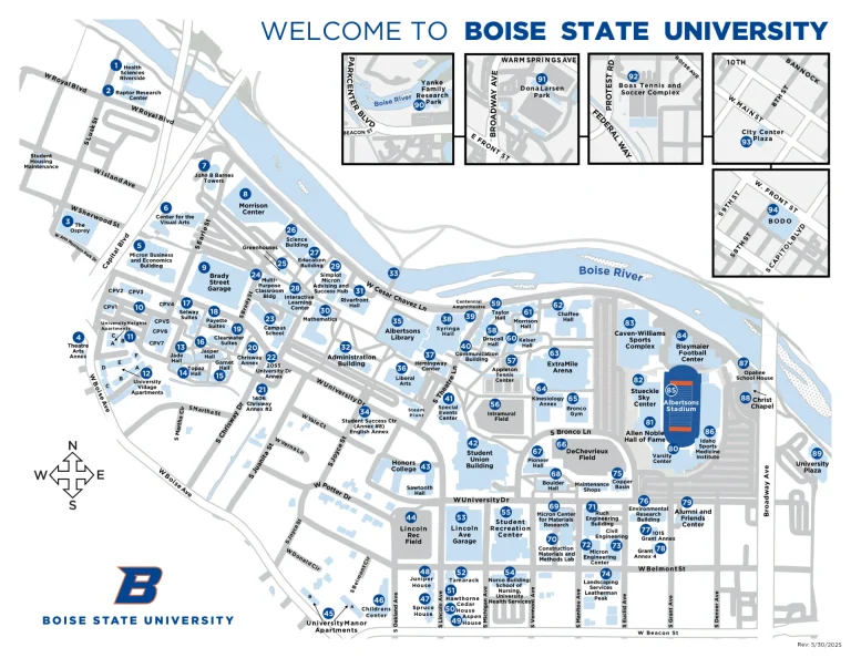 Boise State University Campus Map 2025 showing labeled academic, residential, and athletic areas with main roads and landmarks.