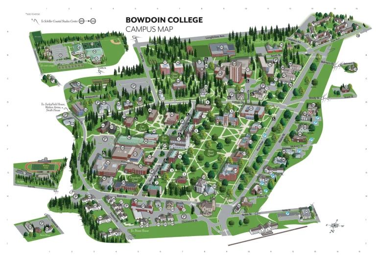 Bowdoin College Campus Map 2023 showing labeled academic, residential, and athletic areas with main roads and landmarks.