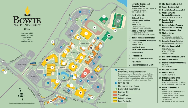 Bowie State University Campus Map 2025 showing labeled academic, residential, and athletic areas with main roads and landmarks.
