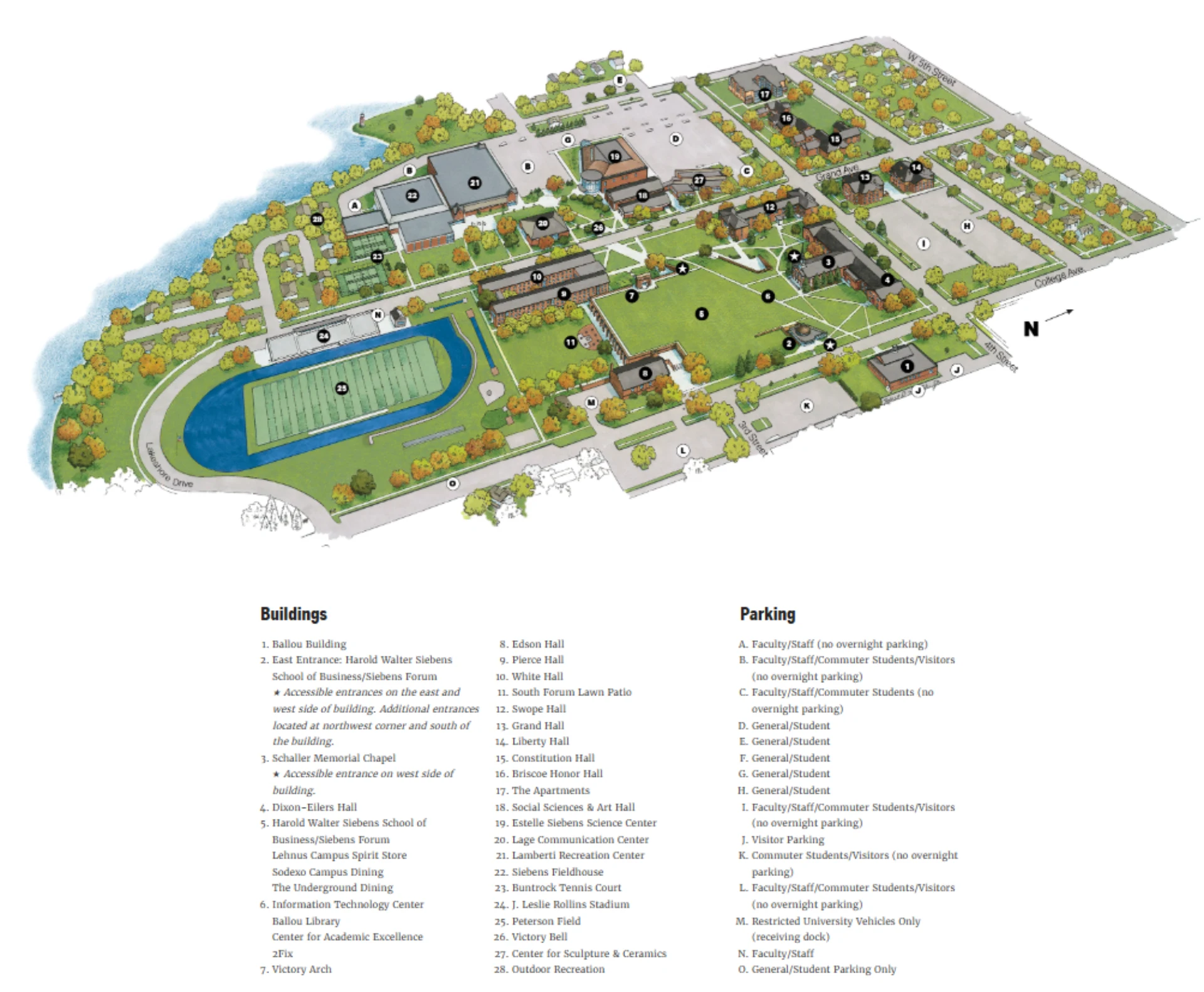 Buena Vista University Campus Map 2025 showing labeled academic, residential, and athletic areas with main roads and landmarks.