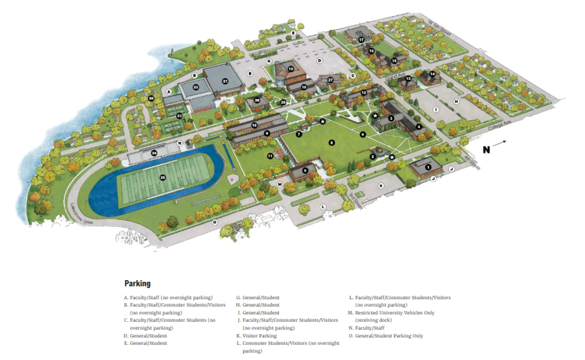 Buena Vista University Parking Map 2025 showing labeled visitor and permit lots with main entry routes.