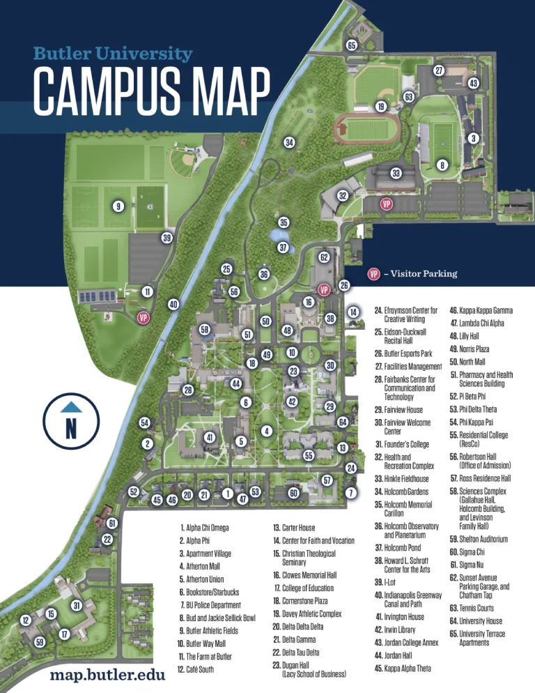 Butler University Campus Map 2025 showing labeled academic, residential, and athletic areas with main roads and landmarks.