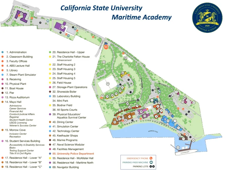 California Maritime Academy Campus Map 2025 showing labeled academic, residential, and athletic areas with main roads and landmarks.