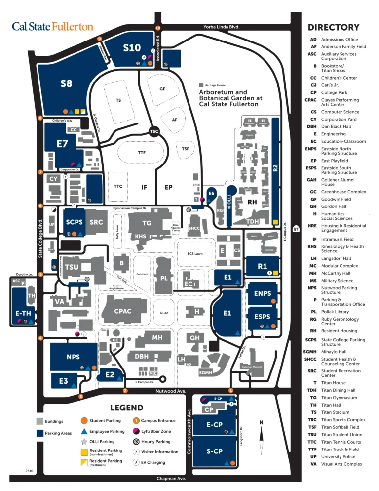 Cal State Fullerton Campus Map 2025 showing labeled academic, residential, and athletic areas with main roads and landmarks.