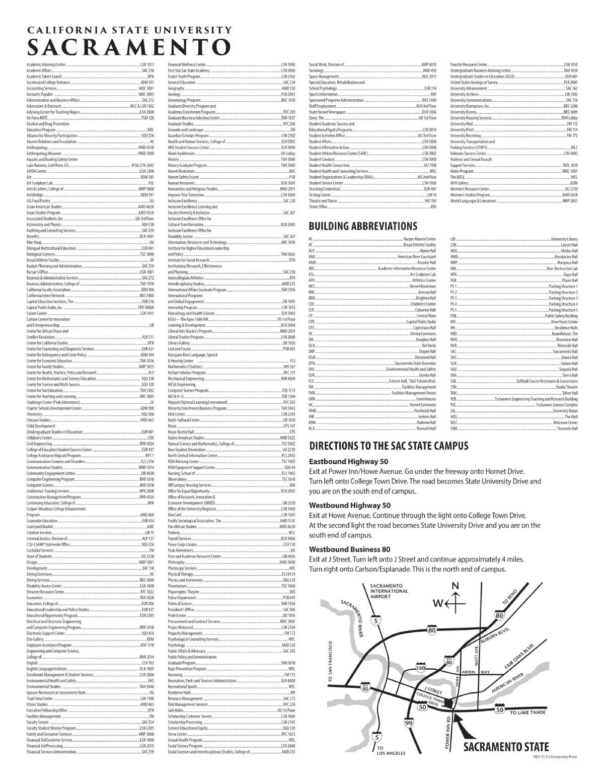 California State University Sacramento Campus Map 2025 showing labeled academic, residential, and athletic areas with main roads and landmarks.