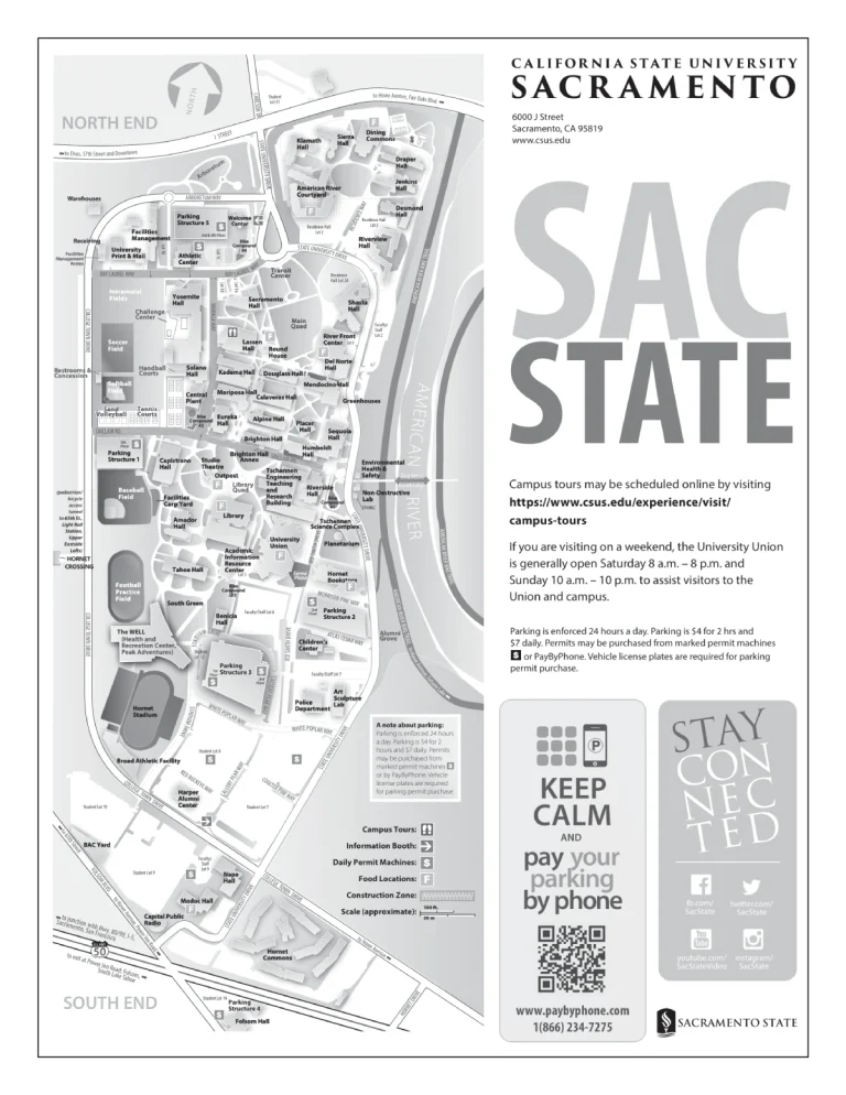 California State University Sacramento Campus Map 2025 showing labeled academic, residential, and athletic areas with main roads and landmarks.