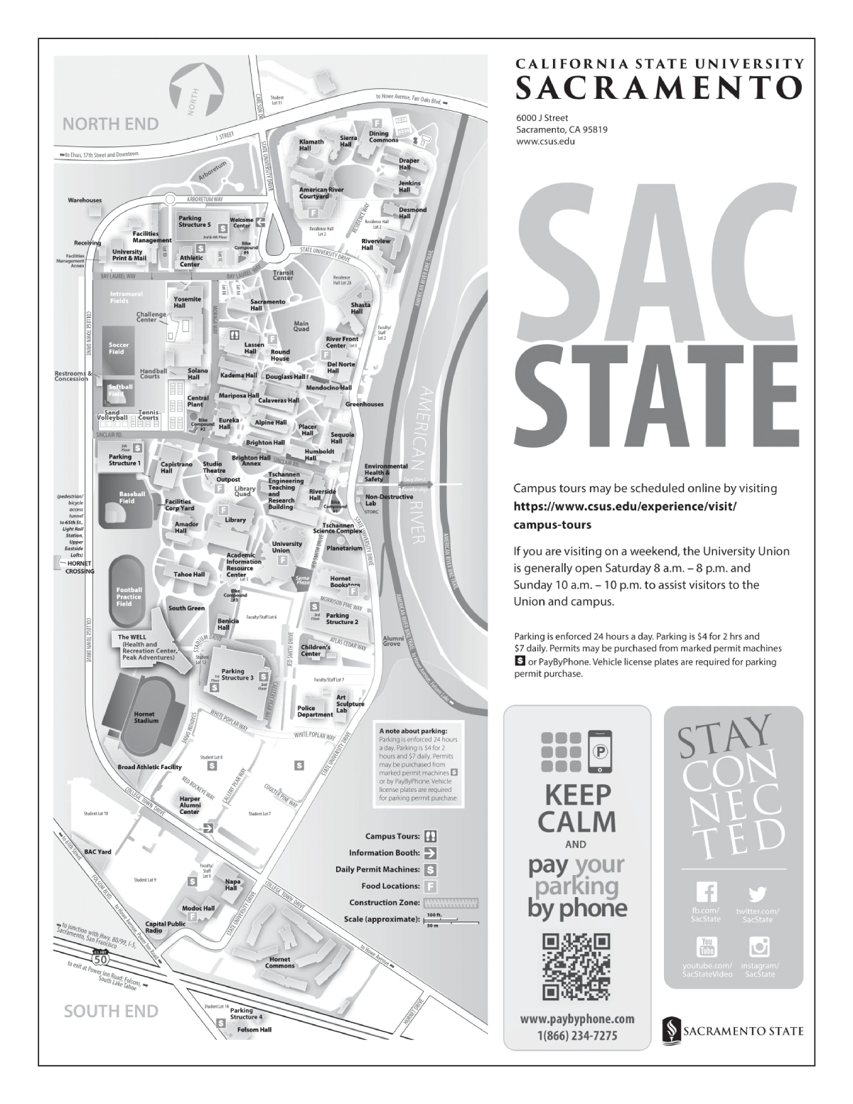 California State University Sacramento Campus Map 2025 showing labeled academic, residential, and athletic areas with main roads and landmarks.