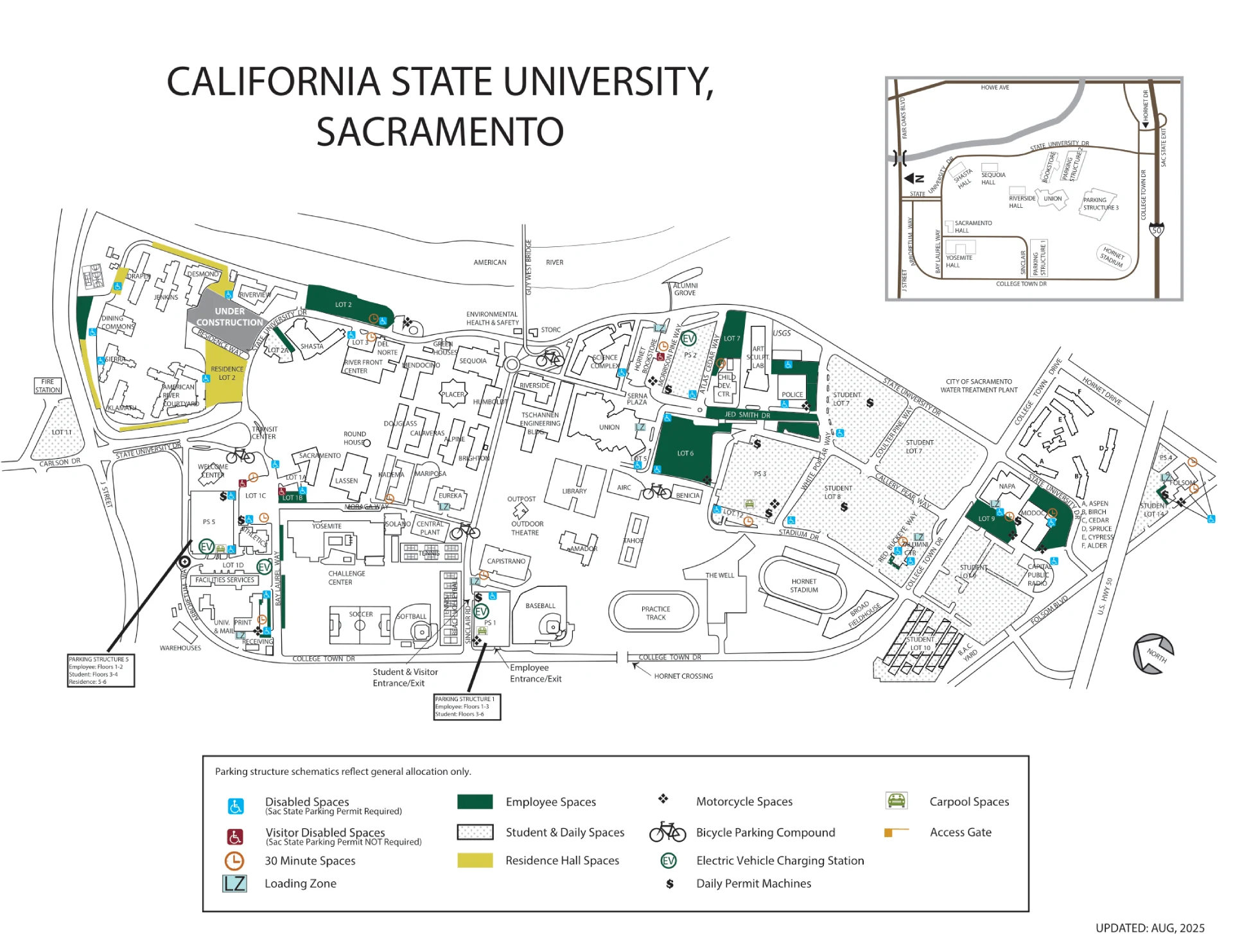 California State University Sacramento Parking Map 2025 showing labeled visitor and permit lots with main entry routes.