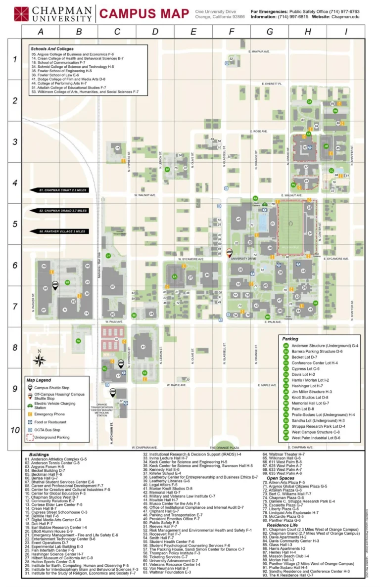 Chapman University Campus Map 2025 showing labeled academic, residential, and athletic areas with main roads and landmarks.