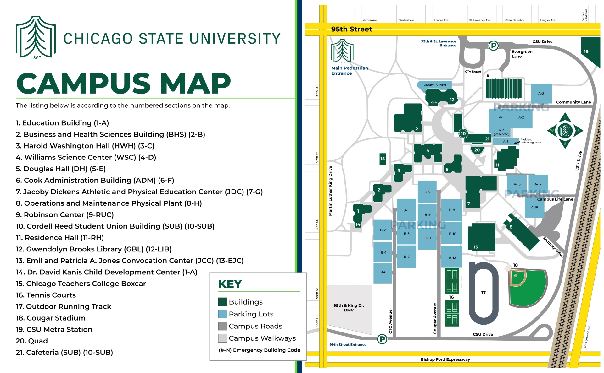Chicago State University Campus Map 2025 showing labeled academic, residential, and athletic areas with main roads and landmarks.