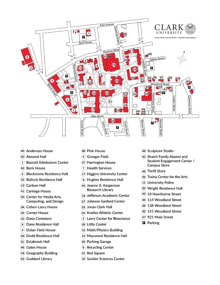Clark University Campus Map 2025 showing labeled academic, residential, and athletic areas with main roads and landmarks.