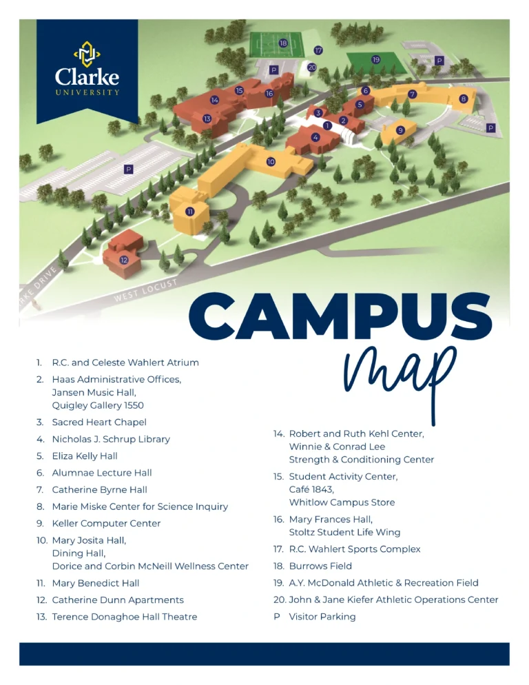 Clarke University Campus Map 2025 showing labeled academic, residential, and athletic areas with main roads and landmarks.