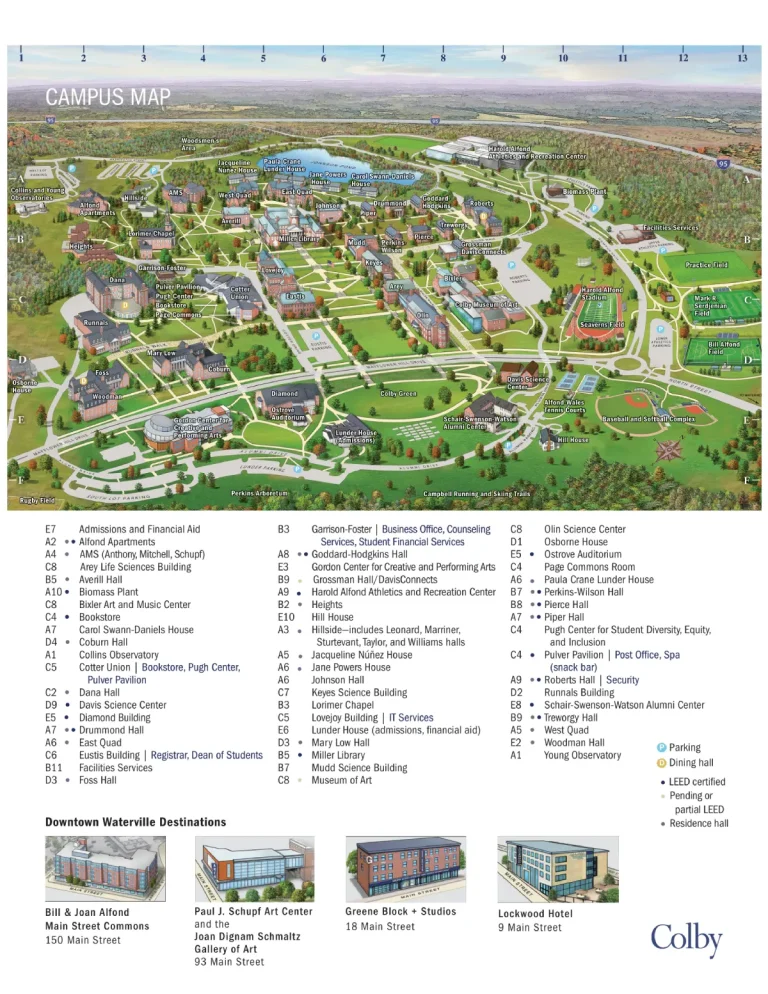 Colby College Campus Map 2025 showing labeled academic, residential, and athletic areas with main roads and landmarks.
